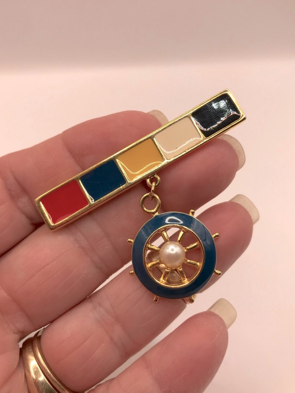 Marvella Multicolor Enamel Ships Wheel Drop Brooch